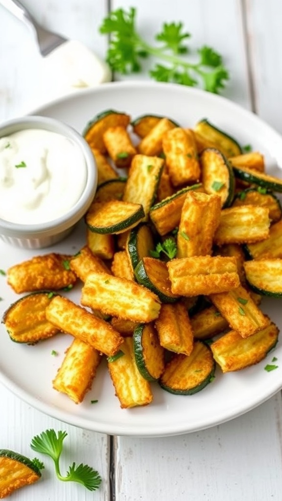 Crispy air fryer zucchini fries served with ranch sauce on a wooden table.